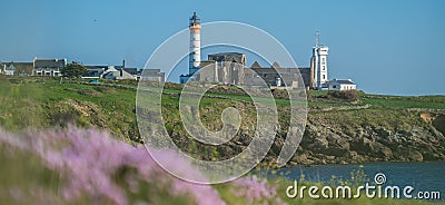 Abbey ruin and lighthouse, Pointe de Saint-Mathieu, Brittany, Fr Stock Photo