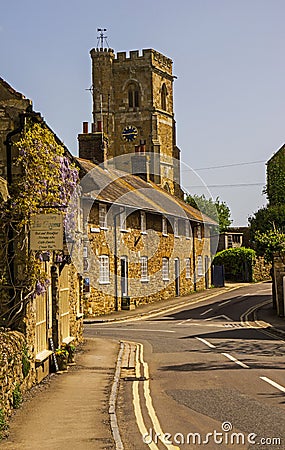 Abbotsbury Cottages & Church Tower Stock Photo