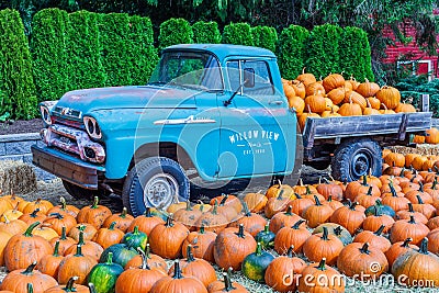 ABBOTSFORD, CANADA - September 07, 2019: Fresh pumpkins on a farm near very old truck Willow View Farms Editorial Stock Photo