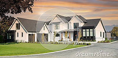 Abbotsford Farmhouse Modern Residence Fraser Valley Home Exterior House Grand Dwelling Custom Design White Siding Black Roofing Stock Photo