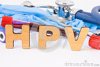 Abbreviation or acronym of HPV, in laboratory, scientific, research or medical practice means human papilloma virus, is in foregro Stock Photo