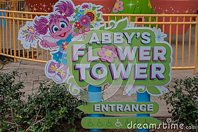 Abbys Flower Tower sign in Sesame Street at Seaworld 86 Editorial Stock Photo