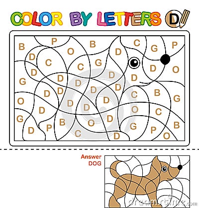 ABC Coloring Book for children. Color by letters. Learning the capital letters of the alphabet. Puzzle for children. Letter D. Dog Vector Illustration