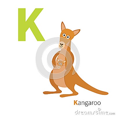 ABC english alphabet. Letter K. Kangaroo mom with baby in the pocket pouch. Cute cartoon character. Australia marsupial animal. Ed Vector Illustration