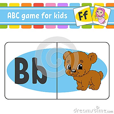 ABC flash cards. Animal bear. Alphabet for kids. Learning letters. Education worksheet. Activity page for study English. Color Vector Illustration