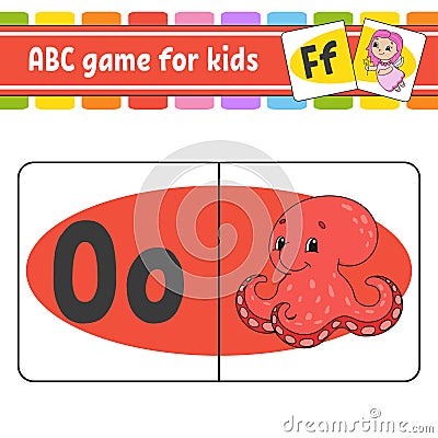 ABC flash cards. Aquatic octopus. Alphabet for kids. Learning letters. Education worksheet. Activity page for study English. Color Vector Illustration