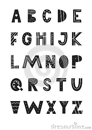 ABC - Latin alphabet. Unique hand drawn nursery poster with handdrawn letters in scandinavian style. Cartoon Illustration