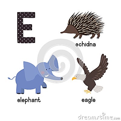 ABC letter E funny kid icons set: eagle, echidna, elephant. Vector Illustration