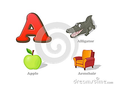 ABC letter A funny kid icons set: alligator, apple, armchair Vector Illustration