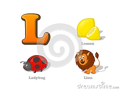 ABC letter L funny kid icons set: lemon, ladybug, lion Vector Illustration