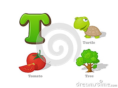 ABC letter T funny kid icons set: turtle, tomato, tree Vector Illustration