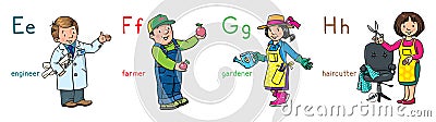 ABC professions set. Engineer, farmer, gardener, hairdresser Cartoon Illustration