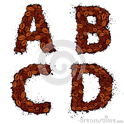 ABCD, english alphabet letters, made of coffee beans, in grunge Vector Illustration