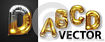 ABCD gold letter balloons on white background. Golden alphabet balloon logotype, icon. Metallic Gold ABC Balloons. Text Vector Illustration