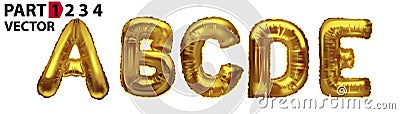 ABCDE gold foil letter balloons on white background. Golden alphabet balloon logotype, icon. Metallic Gold ABCE Balloons. Text for Vector Illustration