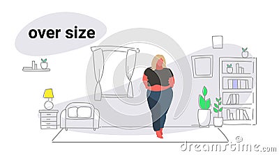 Abdomen fat overweight woman blonde fatty girl obesity over size concept unhealthy lifestyle modern living room interior Vector Illustration