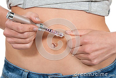 Abdomen subcutaneous insulin syringe pen injection Stock Photo