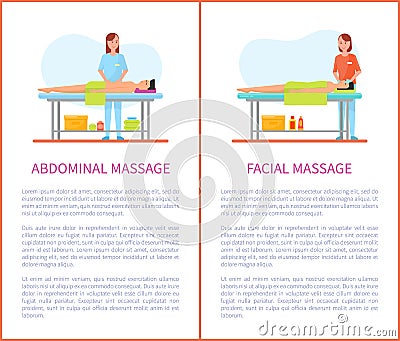 Abdominal, Facial Massage Session Cartoon Posters Vector Illustration