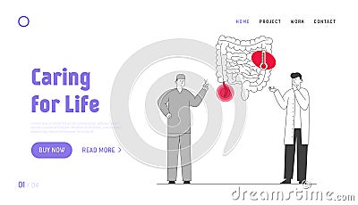 Abdominal Pain, Gastrointestinal Disease Website Landing Page. Doctor and Surgeon Stand at Human Intestines Vector Illustration