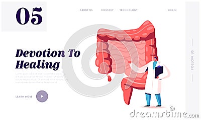 Abdominal Pain, Gastrointestinal System Disease Landing Page Template. Doctor or Medical Teacher Character Vector Illustration