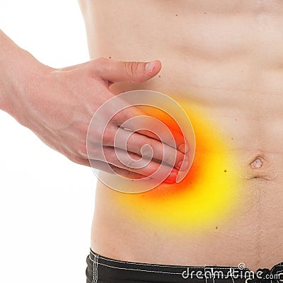 Abdominal Pain - Male Anatomy Right Side Pain isolated on white Stock Photo