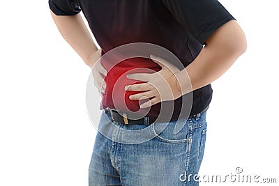 Abdominal Pain. Man suffering from stomach ache. He holds his st Stock Photo