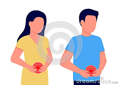 Abdominal pain man and woman. People holds hands on belly. Stomach, intestine ache. Internal discomfort. Stomach, bowel Vector Illustration