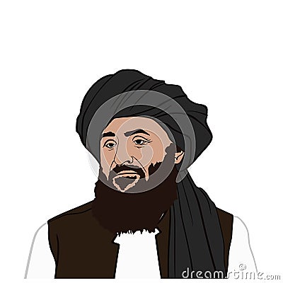 Abdul Ghani Baradar, The leader of the Taliban Flat Design Vector, Illustration Drawing. Kabul, Afghanistan. Vector Illustration