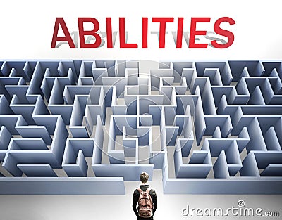 Abilities can be hard to get - pictured as a word Abilities and a maze to symbolize that there is a long and difficult path to Cartoon Illustration