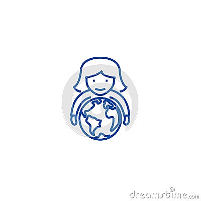 Abilities,woman with globe in hands line icon concept. Abilities,woman with globe in hands flat vector symbol, sign Vector Illustration