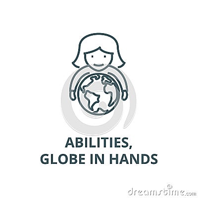 Abilities,woman with globe in hands line icon, vector. Abilities,woman with globe in hands outline sign, concept symbol Vector Illustration