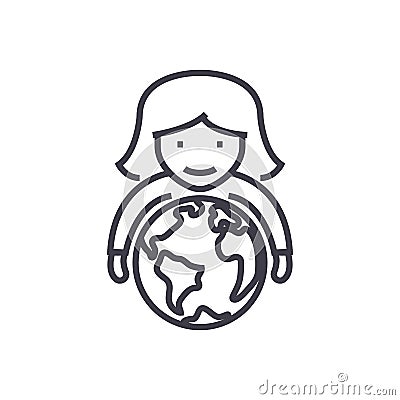 Abilities,woman with globe in hands vector line icon, sign, illustration on background, editable strokes Vector Illustration