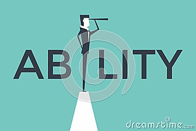 Ability concept vector illustration with business man looking through telescope from a cliff. Vector Illustration