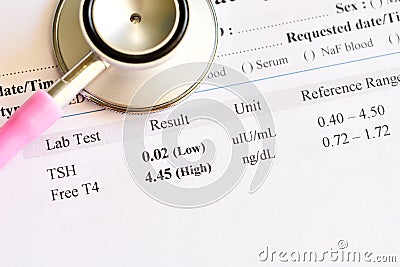 Abnormal thyroid hormone test result with stethoscope Stock Photo