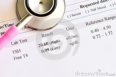 Abnormal thyroid hormone test result with stethoscope Stock Photo