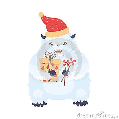 Abominable or Yeti as New Year Character in Warm Hat Holding Gift Box and Candy Vector Illustration Vector Illustration