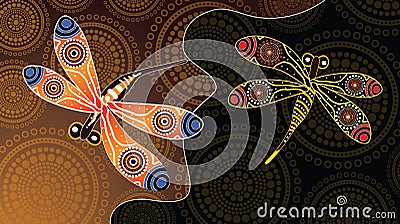 Aboriginal art vector painting with dragonfly. Vector Illustration