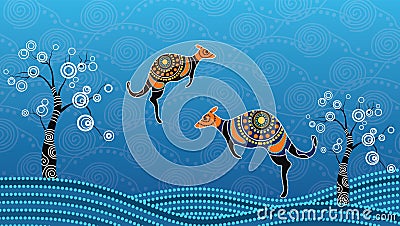 Aboriginal art vector painting with kangaroo. Based on aboriginal style of landscape dot background. Vector Illustration