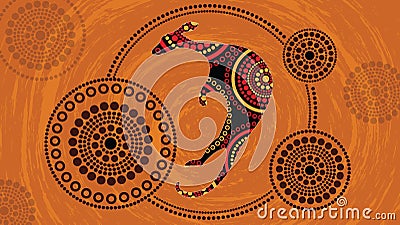 Aboriginal art vector painting with kangaroo.Based on aboriginal style of landscape dot background. Vector Illustration