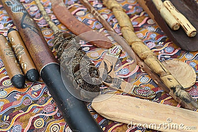 Aboriginal Australians people tools on table Stock Photo