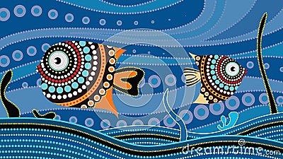 Aboriginal dot art painting with fish. Underwater concept, Landscape background wallpaper vector Vector Illustration