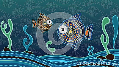 Aboriginal dot art painting with fish. Underwater concept, Landscape background wallpaper vector . Vector Illustration