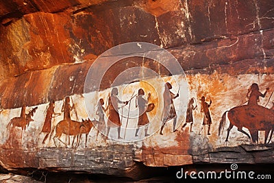 aboriginal rock art showing ancient hunting scenes Stock Photo