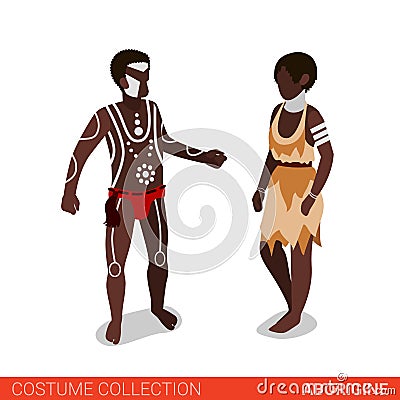 Aborigine couple flat 3d isometric costume collection Vector Illustration