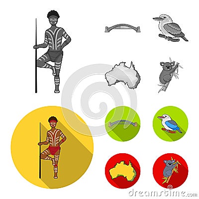 Aborigine with a spear, Sydney Harbor Bridge, kookabarra on a branch, the territory of the country.Australia set Vector Illustration