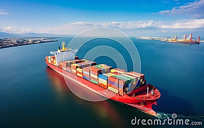 Above the Cargo Ship Aerial Drone Perspective. Generative AI Stock Photo