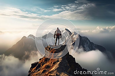 Above the Clouds: A Powerful Presence on the Peak. Stock Photo