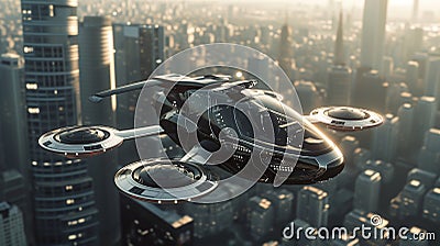 Above dynamic megapolis high-speed flying taxi showcases integration of innovation into city living Stock Photo