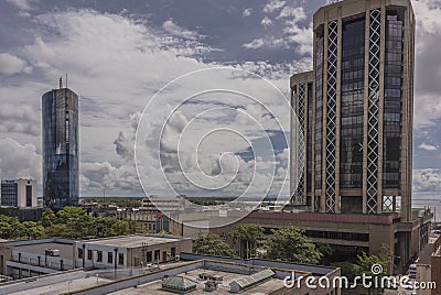 An above ground view of the Twin Towers and the Trinidad and Tobago Stock Exchange Limited, Port of Spain, Trinidad Editorial Stock Photo