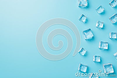 Above photo of transparent cubes ice isolated on the blue background with copyspace Stock Photo